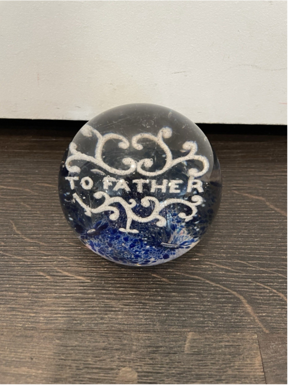 Hand Blown Art Glass Paperweight Vintage To Father Blue Bubbles